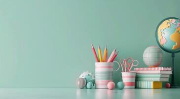 Colorful Classroom Supplies and Globe on a Turquoise Desk photo