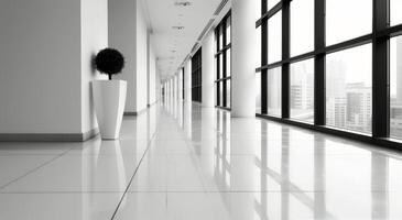 Modern Office Corridor With Floor-to-Ceiling Windows in Bright Natural Light photo