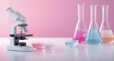 Laboratory Microscope With Colorful Glassware on Pink Background photo