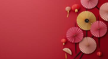 Elegant Paper Umbrellas and Chopsticks on Red Background photo