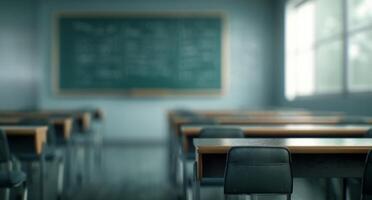 Classroom With Empty Desks During Morning Light in Educational Setting photo