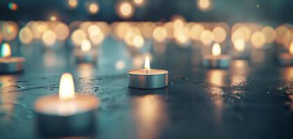 Soft Glowing Candles Illuminating A Dark Surface With Warm Light photo