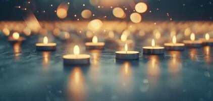 Soft Glowing Candles Illuminating A Dark Surface With Warm Light photo