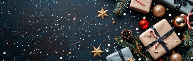 Festive Christmas Gifts Arranged With Decorations on Dark Surface photo
