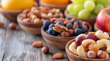 Fresh Fruits and Nuts Displayed in Wooden Bowls on Rustic Table photo