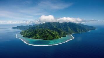 Aerial View of Remote Island Surrounded by Calm Blue Ocean and Clouds photo