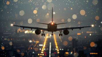 Airplane Landing at Dusk Over Urban Cityscape With Illuminated Runway Lights photo