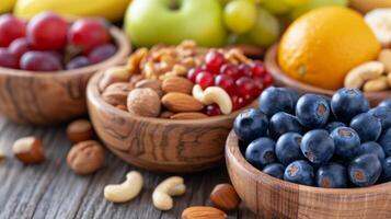 Fresh Fruits and Nuts Displayed in Wooden Bowls on Rustic Table photo