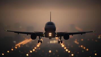 Airplane Landing at Dusk Over Urban Cityscape With Illuminated Runway Lights photo