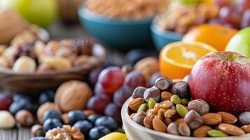 Fresh Fruits and Nuts Displayed in Wooden Bowls on Rustic Table photo