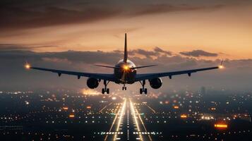 Airplane Landing at Dusk Over Urban Cityscape With Illuminated Runway Lights photo