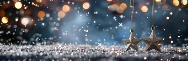 Festive Ornaments With Sparkling Lights and Snowy Background During Winter Holiday Season photo