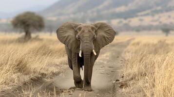 Elephant Walking on Dusty Trail in African Savannah During Daylight photo
