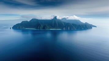 Aerial View of Remote Island Surrounded by Calm Blue Ocean and Clouds photo