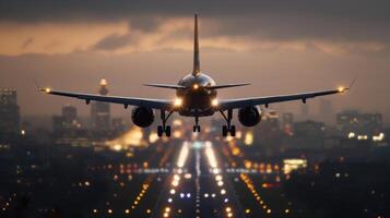 Airplane Landing at Dusk Over Urban Cityscape With Illuminated Runway Lights photo