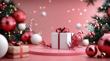 Festive Red Christmas Decorations With Gift Boxes and Tree Display photo
