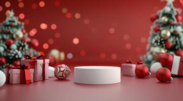Festive Red Christmas Decorations With Gift Boxes and Tree Display photo