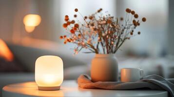 Decorative Table Arrangement With Warm Lighting and Floral Accent During Evening photo