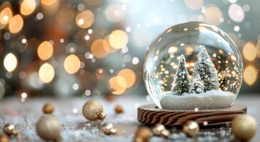 Snow Globe With Pine Trees Surrounded by Festive Ornaments and Warm Holiday Lights photo