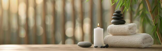 Relaxing Spa Setup With Candles and Stones Beside Soft Towels in a Calm Environment photo