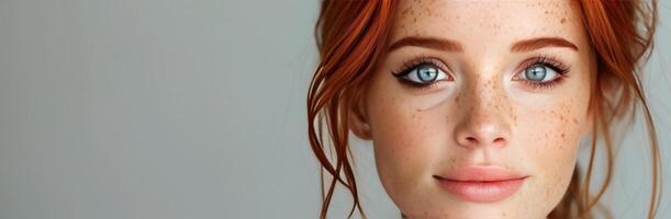 Young Woman With Freckles and Red Hair Posing Against a Neutral Background photo