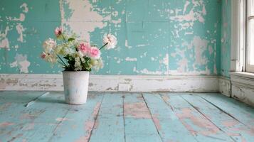 Vintage Room With Flower Pot on Rustic Wooden Floor and Weathered Blue Walls photo