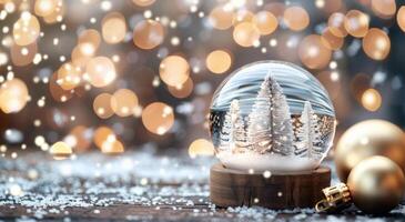 Snow Globe With Pine Trees Surrounded by Festive Ornaments and Warm Holiday Lights photo
