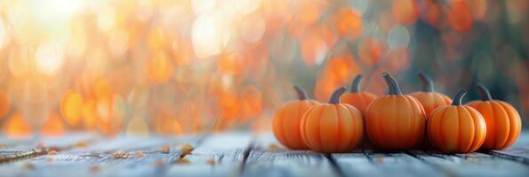 Pumpkins Gathered on Wooden Surface With Autumn Bokeh Background photo