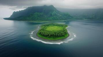 Aerial View of Remote Island Surrounded by Calm Blue Ocean and Clouds photo