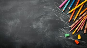 Colorful Crayons and Chalk on Blackboard With Creative Drawings photo