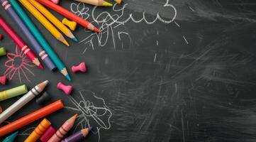 Colorful Crayons and Chalk on Blackboard With Creative Drawings photo