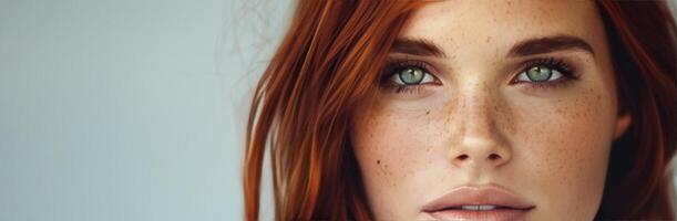 Young Woman With Freckles and Red Hair Posing Against a Neutral Background photo