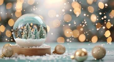 Snow Globe With Pine Trees Surrounded by Festive Ornaments and Warm Holiday Lights photo