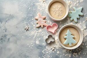Colorful Iced Cookies in Heart and Tree Shapes on a Dusting of Powdered Sugar photo