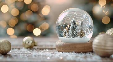 Snow Globe With Pine Trees Surrounded by Festive Ornaments and Warm Holiday Lights photo