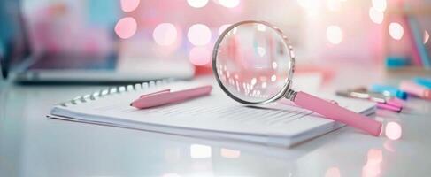 Magnifying Glass on Documents With Pink Pen in Brightly Lit Workspace photo