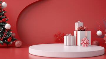 Festive Red Christmas Decorations With Gift Boxes and Tree Display photo