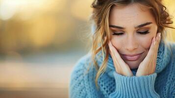 Emotional Woman Covering Face With Hands in Contemplation at Home photo