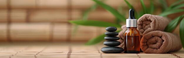Aromatherapy Essentials With Stones And Towels In A Serene Spa Setting photo
