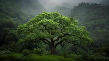 Majestic Tree Silhouette Amidst Lush Green Forest at Dawn photo