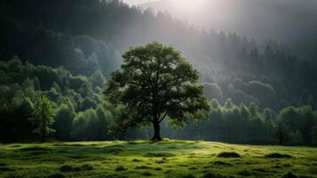 Majestic Tree Silhouette Amidst Lush Green Forest at Dawn photo