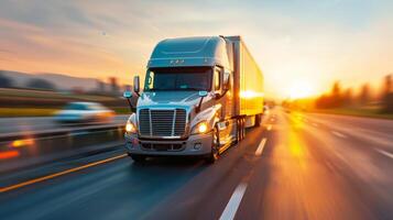 Truck Driving on Open Highway at Sunset With Golden Sky photo