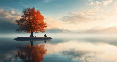 Solitary Figure by Autumn Tree on Calm Lake at Dawn photo