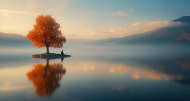 Solitary Figure by Autumn Tree on Calm Lake at Dawn photo
