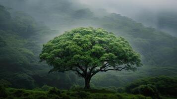 Majestic Tree Silhouette Amidst Lush Green Forest at Dawn photo