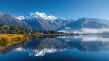 Serene Alpine Lake Reflecting Snow-Capped Mountains Under Clear Blue Sky in New Zealand photo