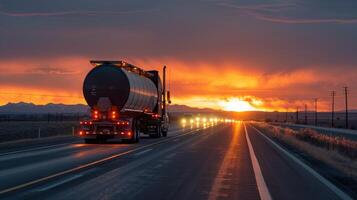 Truck Driving on Open Highway at Sunset With Golden Sky photo