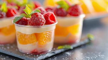 Assorted Fresh Berries and Citrus Fruit in Clear Containers on a Light Surface photo