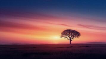 Tranquil Sunset Over a Solitary Tree in a Misty Landscape photo