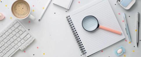 Magnifying Glass on Documents With Pink Pen in Brightly Lit Workspace photo
